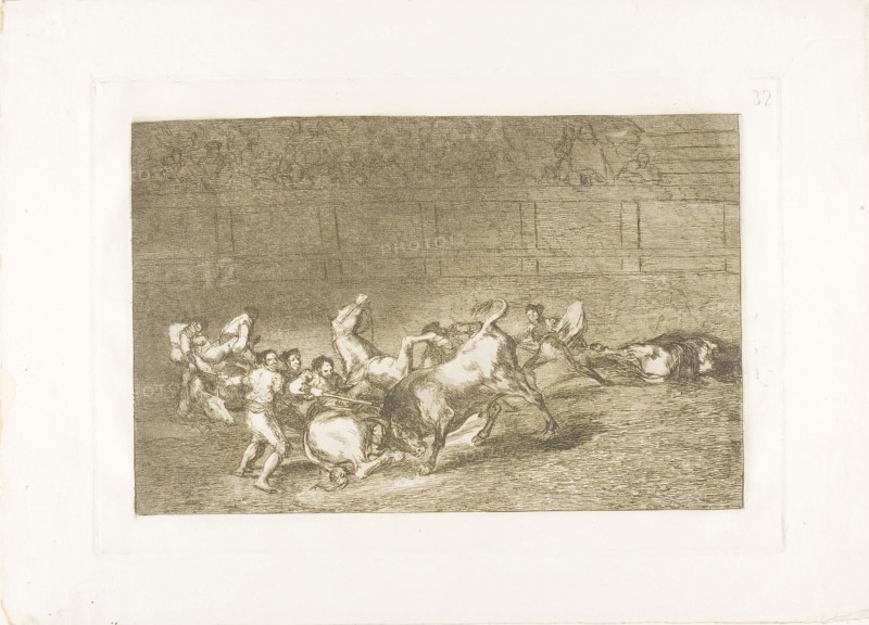Two teams of picadors thrown one after the other by a single bull, plate 32 from The Art of Bullfighting, 1814/16, published 1816, Francisco José de Goya y Lucientes, Spanish, 1746-1828, Spain, Etching, burnished aquatint, drypoint and burin on ivory laid paper, 201 x 310 mm (image), 244 x 352 mm (plate), 320 x 445 mm (sheet)