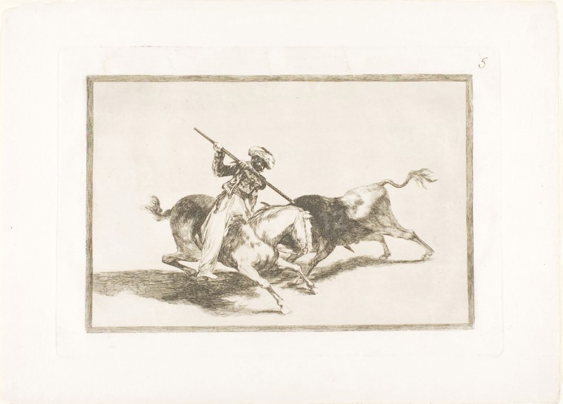 The Spirited Moor Gazul is the First to Spear Bulls According to Rules, plate five from The Art of Bullfighting, 1814/16, published 1816, Francisco José de Goya y Lucientes, Spanish, 1746-1828, Spain, Etching, burnished aquatint and drypoint on ivory laid paper, 205 x 310 mm (image), 249 x 355 mm (plate), 323 x 446 mm (sheet)