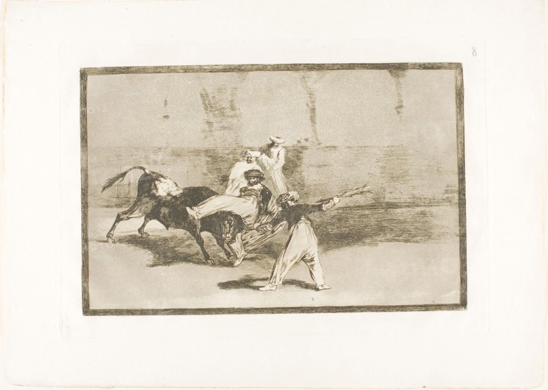 A Moor Caught by the Bull in the Ring, plate 8 from The Art of Bullfighting, 1814/16, published 1816, Francisco José de Goya y Lucientes, Spanish, 1746-1828, Spain, Etching, burnished aquatint and drypoint on ivory laid paper, 204 x 317 mm (image), 244 x 353 mm (plate), 322 x 450 mm (sheet)