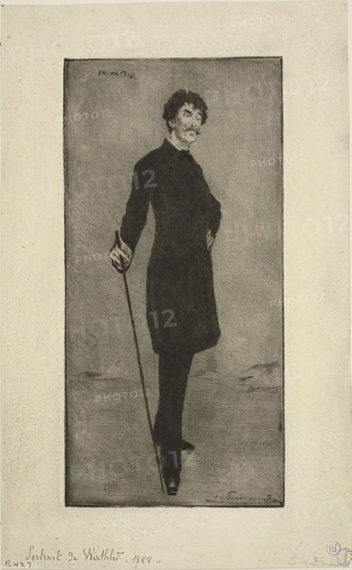 Portrait of Whistler, c. 1888, Henri Charles Guérard (French, 1846-1897), after William Merritt Chase (American, 1849-1916), France, Etching, drypoint, roulette and aquatint on light green wove paper, 214 × 104 mm (plate), 270 × 167 mm (sheet)