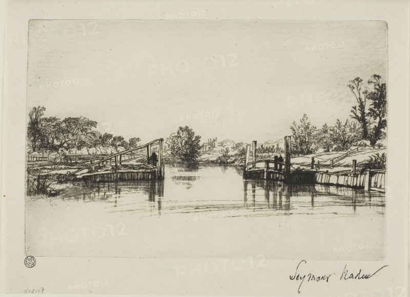 Egham Lock, c. 1859, Francis Seymour Haden, English, 1818-1910, England, Etching, drypoint and mezzotint on ivory laid paper, 148 × 222 mm (image/plate), 184 × 251 mm (sheet)