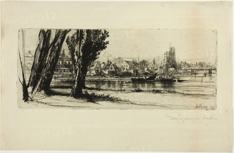 Fulham, c. 1859, Francis Seymour Haden, English, 1818-1910, England, Etching and drypoint on ivory laid paper, 113 × 282 mm (image/plate), 213 × 327 mm (sheet)