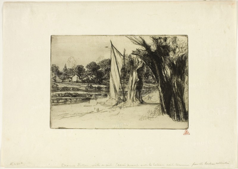 Thames Ditton-with a Sail, 1864, Francis Seymour Haden, English, 1818-1910, England, Etching on ivory laid paper, 141 × 206 mm (image/plate), 248 × 350 mm (sheet)
