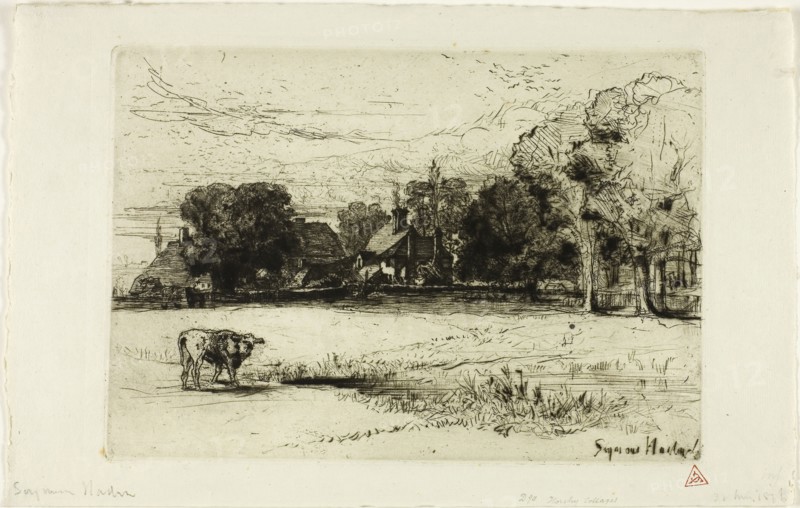 Horsley’s Cottages, c. 1865, Francis Seymour Haden, English, 1818-1910, England, Etching on zinc printed on ivory laid paper, 175 × 250 mm (image/plate), 210 × 330 mm (sheet)
