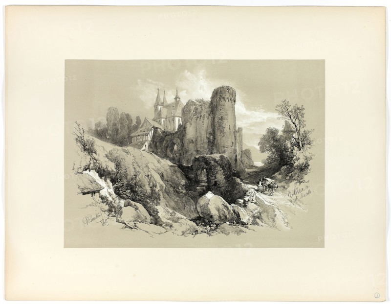 Beilstein on the Moselle, from Picturesque Selections, 1860, James Duffield Harding, (English, 1798-1863), Published by W. Kent and Co., England, Lithograph on paper, 278 × 385 mm (image, primary support), 430 × 560 mm (secondary support)