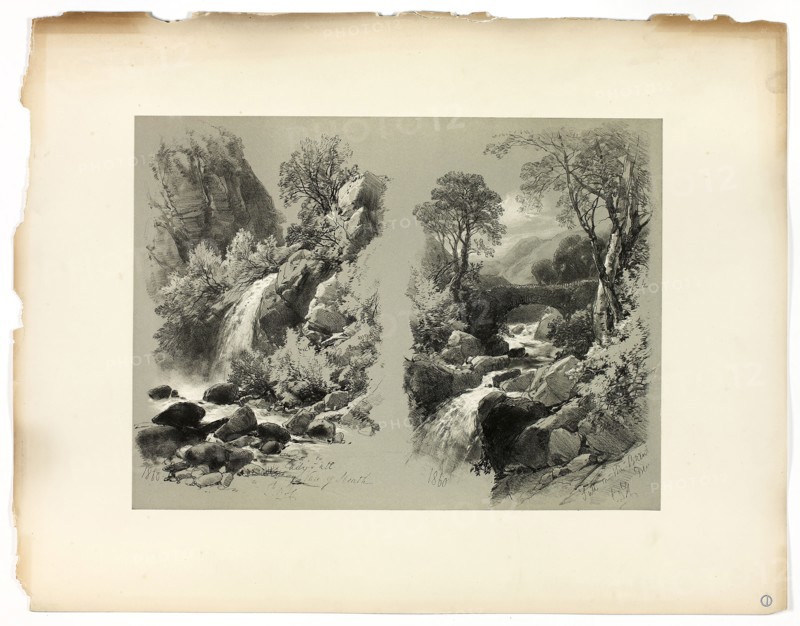 Lady Fall, Vale of Heath, and Fall on the Brent, from Picturesque Selections, 1860, James Duffield Harding, (English, 1798-1863), Published by W. Kent and Co., England, Lithograph on paper, 285 × 383 mm (image, primary support), 430 × 560 mm (secondary support)