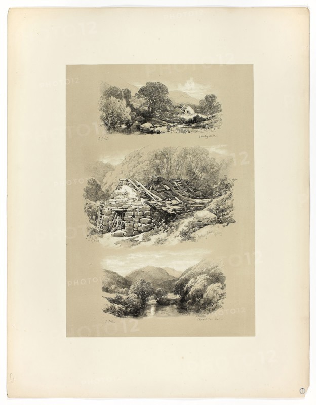 Pandy Mill, Church Pool, and one other subject, from Picturesque Selections, c. 1860, James Duffield Harding, (English, 1798-1863), Published by W. Kent and Co., England, Lithograph on paper, 390 × 271 mm (primary support), 560 × 430 mm (secondary support)