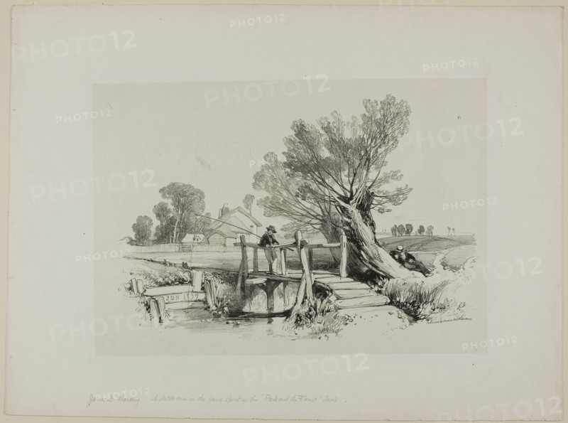Landscape with Boy Fishing, n.d., James Duffield Harding, English, 1798-1863, England, Lithograph on paper, 175 × 252 mm (image), 283 × 382 mm (sheet)
