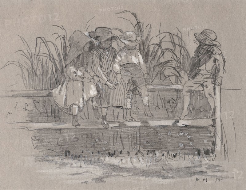Children Sitting on a Fence, 1874, Winslow Homer, American, 1836-1910, United States, Various graphites, heightened with opaque white watercolor, on medium weight, slightly textured gray wove paper, 193 x 239 mm