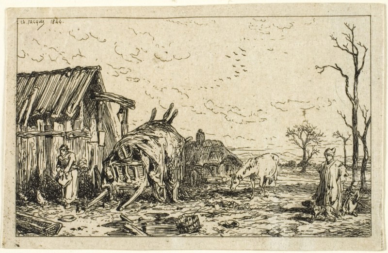 Landscape with Unhitched Cart, 1844, Charles Émile Jacque, French, 1813-1894, France, Etching on buff chine laid down on ivory laid paper, 49 × 79 mm (image), 55 × 85 mm (chine), 144 × 197 mm (sheet)