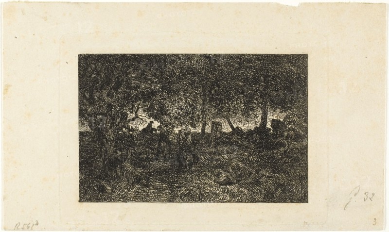 In the Forest, 1844, Charles Émile Jacque (French, 1813-1894), after Théodore Rousseau (French, 1812-1867), France, Etching on cream wove paper, 67 × 103 mm (image), 85 × 121 mm (plate), 103 × 172 mm (sheet)