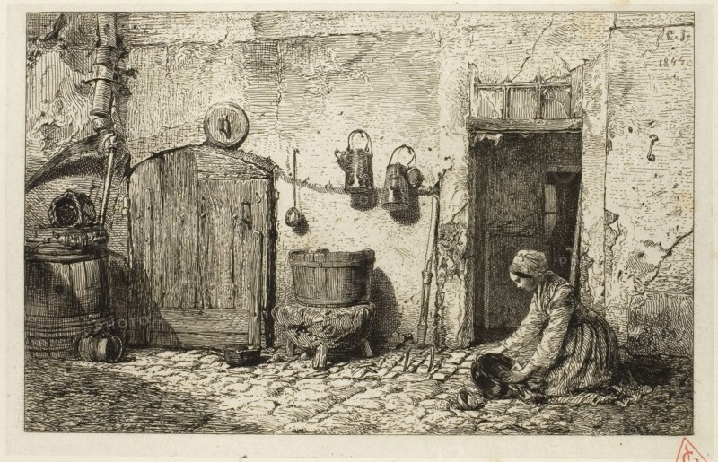 Scullery Maid, 1844, Charles Émile Jacque, French, 1813-1894, France, Etching on light gray China paper laid down on ivory wove paper, 101 × 161 mm (image), 108 × 170 mm (chine), 144 × 209 mm (plate), 259 × 370 mm (sheet)