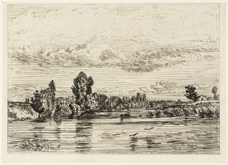 Landscape Near Asnières, 1844, Charles Émile Jacque, French, 1813-1894, France, Etching and drypoint on light gray China paper laid down on ivory wove paper, 75 × 106 mm (image), 81 × 112 mm (chine), 95 × 144 mm (plate), 152 × 258 mm (sheet)