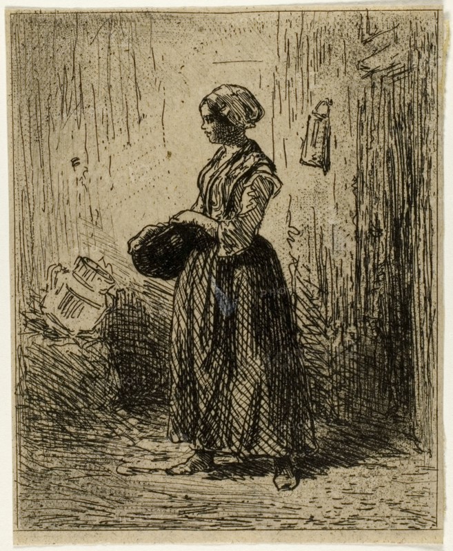 Standing Peasant Woman, 1845, Charles Émile Jacque, French, 1813-1894, France, Etching and roulette on cream chine, 87 × 71 mm (image), 91 × 73 mm (sheet)
