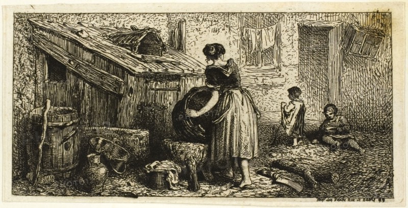 Woman Washing Pots, with Children, 1845, Charles Émile Jacque, French, 1813-1894, France, Etching and engraving on ivory chine laid down on ivory laid paper, 66 × 136 mm (image), 73 × 143 mm (chine), 124 × 195 mm (sheet)