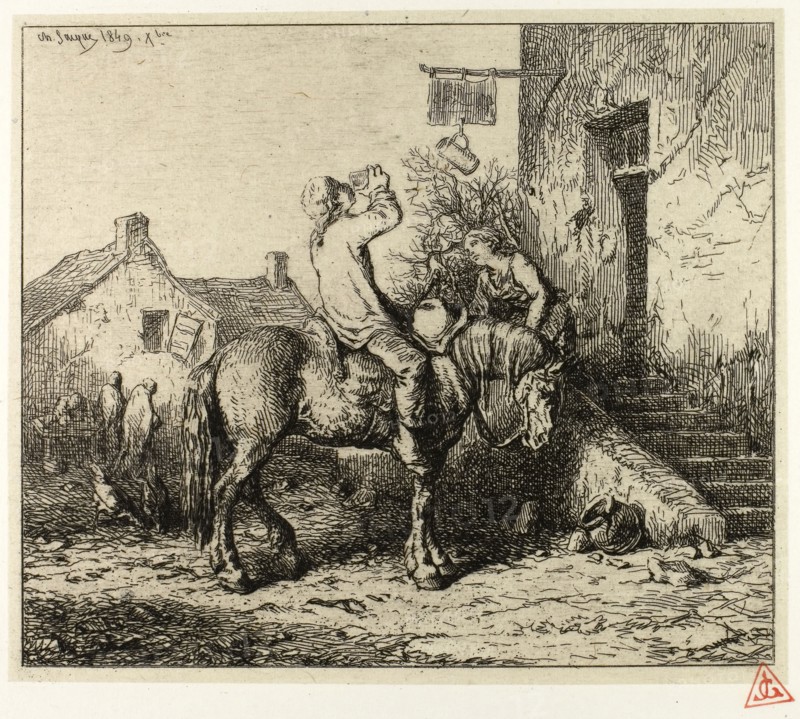 Entrance to an Inn, with Peasant Drinking, 1849, Charles Émile Jacque, French, 1813-1894, France, Etching on cream China paper laid down on ivory wove paper, 127 × 149 mm (image), 134 × 156 mm (chine), 154 × 174 mm (plate), 306 × 432 mm (sheet)
