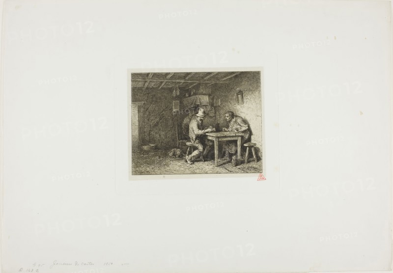 The Card Players, 1850, Charles Émile Jacque, French, 1813-1894, France, Etching, engraving and roulette on cream China paper laid down on ivory wove paper, 115 × 144 mm (image), 123 × 153 mm (chine), 155 × 182 mm (plate), 305 × 434 mm (sheet)