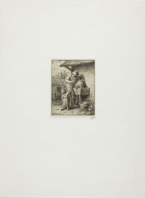 The Knife-Grinder, 1850, Charles Émile Jacque, French, 1813-1894, France, Etching on cream China paper laid down on ivory wove paper, 112 × 88 mm (image), 120 × 92 mm (chine), 125 × 95 mm (plate), 403 × 299 mm (sheet)