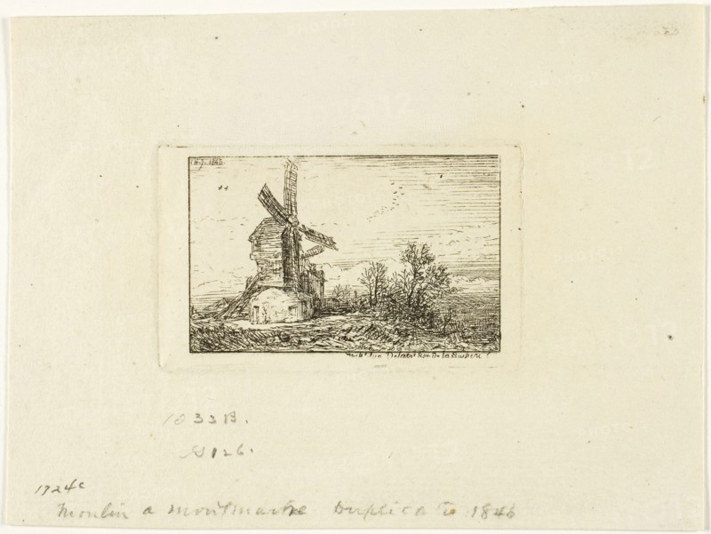 Windmill, 1846, Charles Émile Jacque, French, 1813-1894, France, Etching on ivory laid paper, 42 × 67 mm (image), 47 × 78 mm (plate), 112 × 150 mm (sheet)