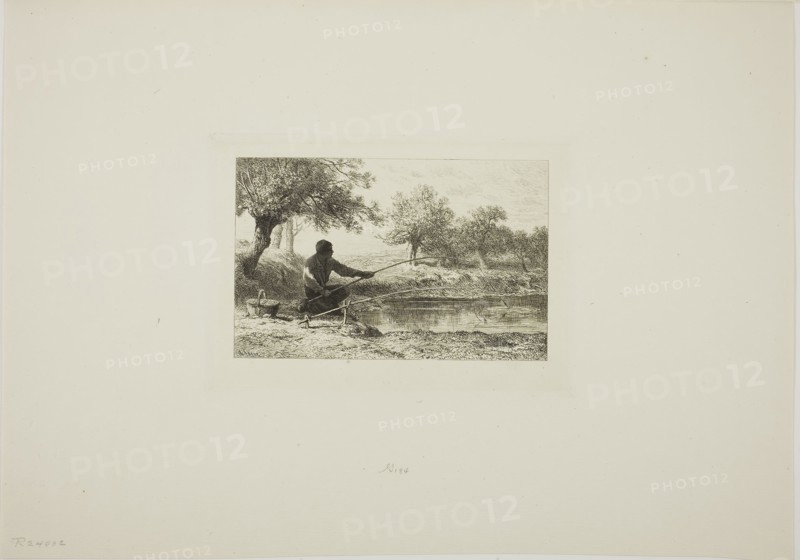 Pole Fishing, c. 1864, Charles Émile Jacque, French, 1813-1894, France, Etching and drypoint on ivory laid paper, 115 × 180 mm (image), 151 × 207 mm (plate), 318 × 454 mm (sheet)