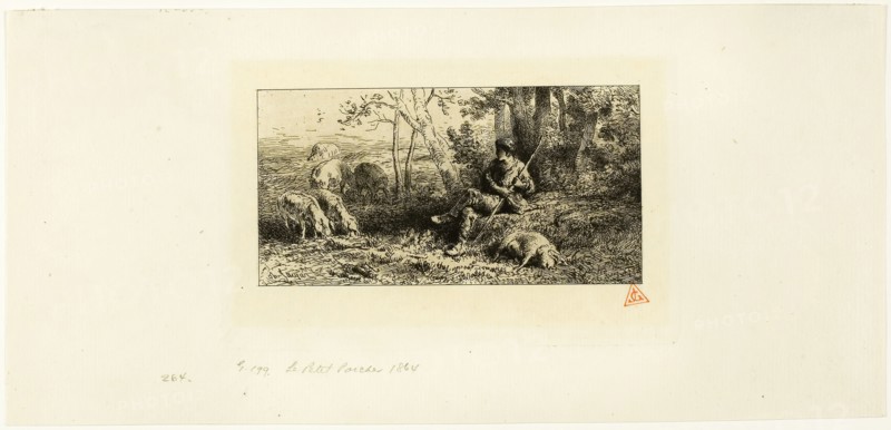 The Little Pig-Keeper, c. 1864, Charles Émile Jacque, French, 1813-1894, France, Etching on ivory laid paper, 76 × 148 mm (image), 112 × 177 mm (plate), 161 × 340 mm (sheet)