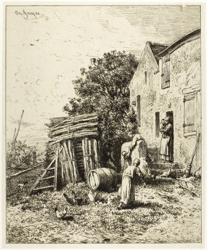 A Rustic Dwelling, c. 1865, Charles Émile Jacque, French, 1813-1894, France, Etching on light gray China paper laid down on ivory wove paper, 143 × 117 mm (image), 148 × 122 mm (chine), 185 × 140 mm (plate), 397 × 312 mm (sheet)