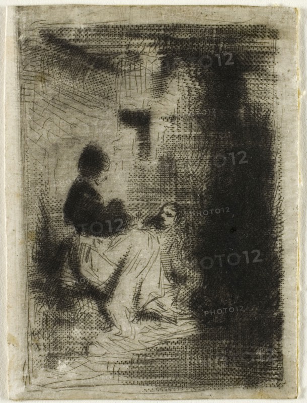 A Woman and her Child, 1843, Charles Émile Jacque, French, 1813-1894, France, Drypoint and roulette on ivory wove paper, 51 × 38 mm