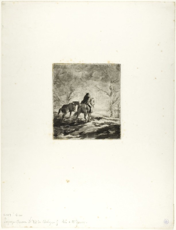 Traveler on Horseback, 1848, Charles Émile Jacque, French, 1813-1894, France, Drypoint and roulette on ivory wove paper, 107 × 96 mm (image/plate), 318 × 243 mm (sheet)