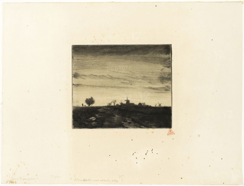 Landscape with Windmills, 1848, Charles Émile Jacque, French, 1813-1894, France, Drypoint and roulette on cream wove paper, 112 × 133 mm (plate), 242 × 320 mm (sheet)