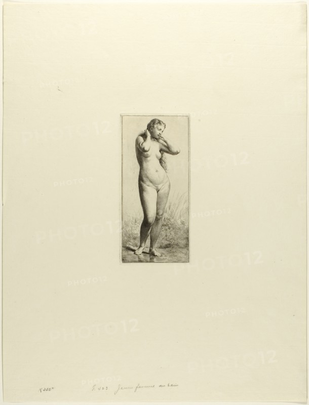Young Woman Bathing, c. 1866, Charles Émile Jacque, French, 1813-1894, France, Etching, drypoint and roulette on ivory laid paper, 166 × 75 mm (plate), 452 × 343 mm (sheet)