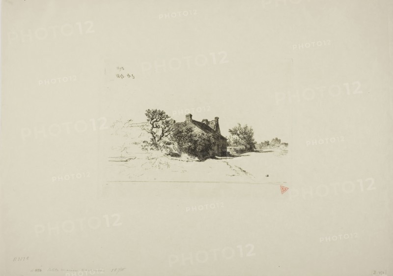 The Little Houses, Kercassier, c. 1875, Charles Émile Jacque, French, 1813-1894, France, Etching on ivory wove paper, 87 × 212 mm (image), 165 × 220 mm (plate), 317 × 452 mm (sheet)