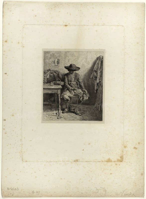 The Broken Crock, 1844, Charles Émile Jacque, French, 1813-1894, France, Etching on light grey China paper laid down on ivory wove paper, 109 × 93 mm (image), 118 × 99 mm (chine), 215 × 158 mm (plate), 307 × 223 mm (sheet)