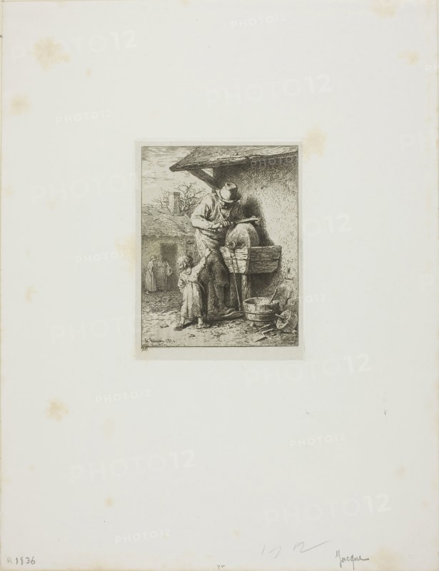 The Knife-Grinder, 1850, Charles Émile Jacque, French, 1813-1894, France, Etching on light gray China paper laid down on ivory wove paper, 112 × 87 mm (image), 123 × 94 mm (chine), 125 × 95 mm (plate), 320 × 245 mm (sheet)