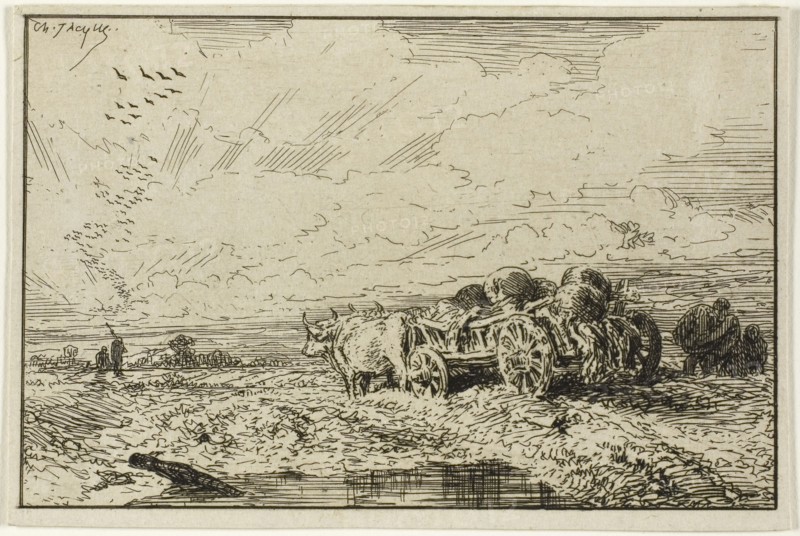 Landscape with Ox-Drawn Wagon, 1846, Charles Émile Jacque, French, 1813-1894, France, Etching on ivory wove paper, 74 × 113 mm (image), 79 × 117 mm (sheet)