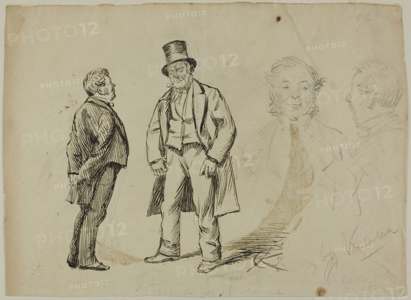 Sketch of Two Standing Men and Two Portaits, 1870/91, Attributed to Charles Keene, English, 1823-1891, England, Pen and black ink, over graphite, on tan wove paper, 215 × 297 mm