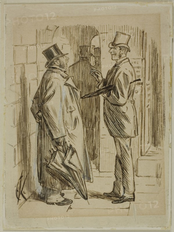 Upon the Mart, 1870/91, Charles Keene, English, 1823-1891, England, Pen and brown ink, with brush and gray wash and touches of white gouache, over traces of graphite, on tan wove paper, laid down on ivory wove card, 170 × 124 mm