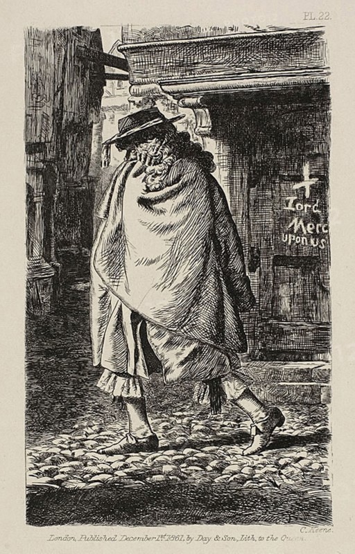 A Cloaked Figure Passing Through the Street (at the Time of the Plague in London), published December 1, 1861, Charles Keene, English, 1823-1891, England, Etching on paper, 137 × 184 mm (image), 155 × 103 mm (plate), 203 × 136 mm (sheet)