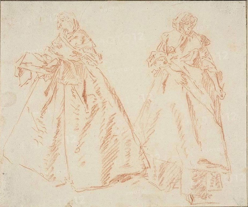 Two Standing Women, n.d., Nicolas Lancret, French, 1690-1743, France, Red chalk on ivory laid paper, tipped onto card, 154 × 184 mm