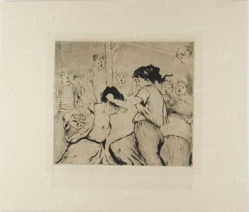 Plate from l’Assommoir (two women fighting, with onlookers), 1878, Gaston La Touche, French, 1854-1913, France, Drypoint and plate tone on ivory laid paper, 195 × 222 mm (image), 242 × 228 mm (plate), 334 × 392 mm (sheet)