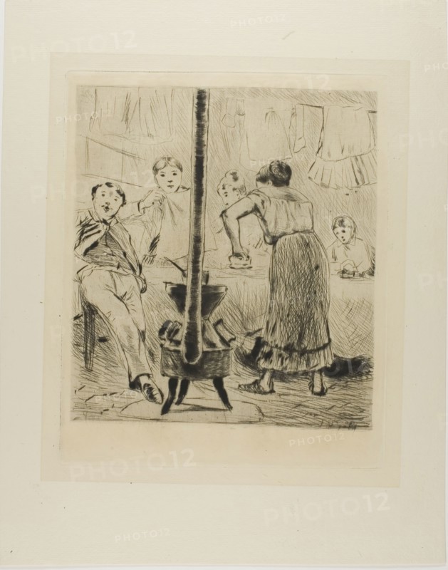 Plate from l’Assommoir (women ironing, man seated before a woodstove), 1879, Gaston La Touche, French, 1854-1913, France, Drypoint and plate tone on ivory laid paper, 240 × 227 mm (image), 279 × 229 mm (plate), 402 × 315 mm (sheet)