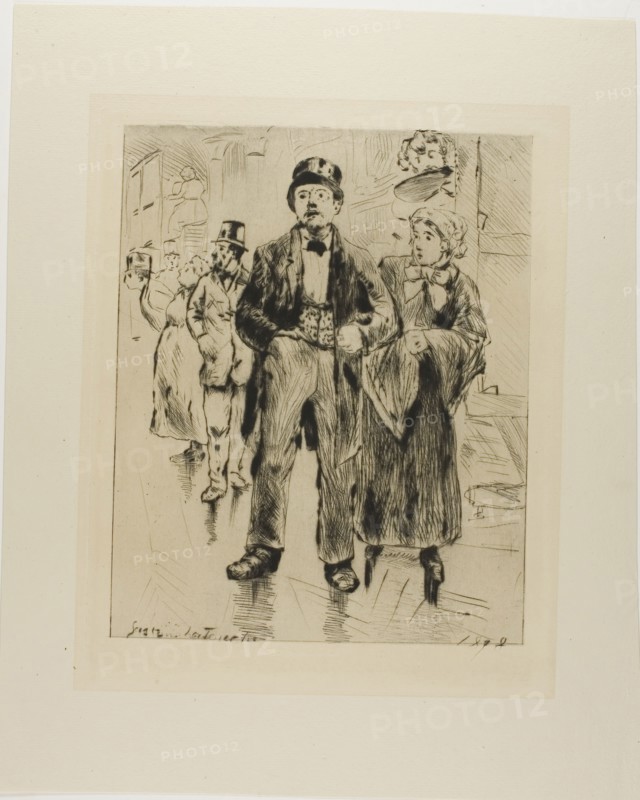 Plate from l’Assommoir (standing couple, with other figures in background), 1878, Gaston La Touche, French, 1854-1913, France, Drypoint on ivory laid paper, 257 × 206 mm (image), 287 × 226 mm (plate), 394 × 322 mm (sheet)