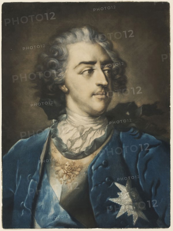 Portrait of Louis XV, 1739, Jacob Christoph Le Blon (German, 1667-1741), after Nicolas Blakey (Irish, died 1758), Germany, Mezzotint with etching, in black, brown, blue, and white, with traces of red ink on ivory laid paper, 618 x 460 mm