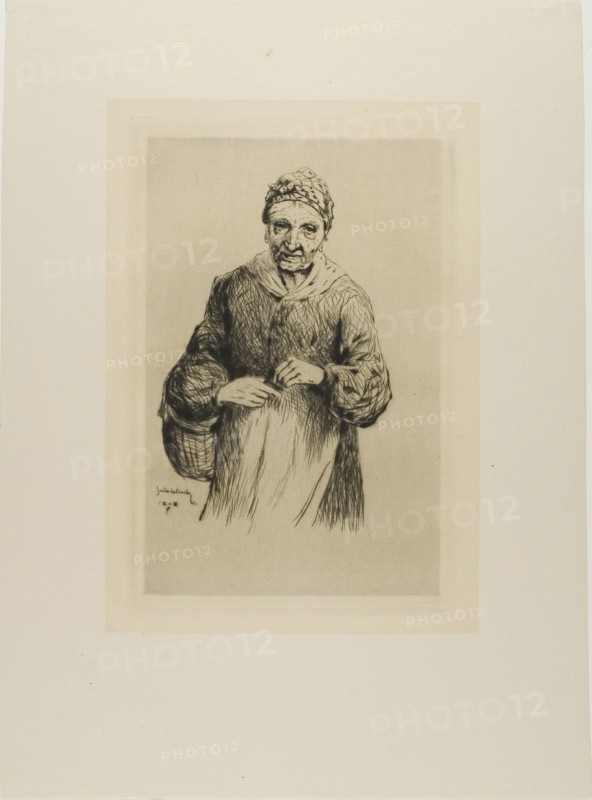 Old Woman with Basket, 1878, Gaston La Touche, French, 1854-1913, France, Drypoint and plate tone on ivory laid paper, 217 × 140 mm (image), 238 × 158 mm (plate), 381 × 280 mm (sheet)