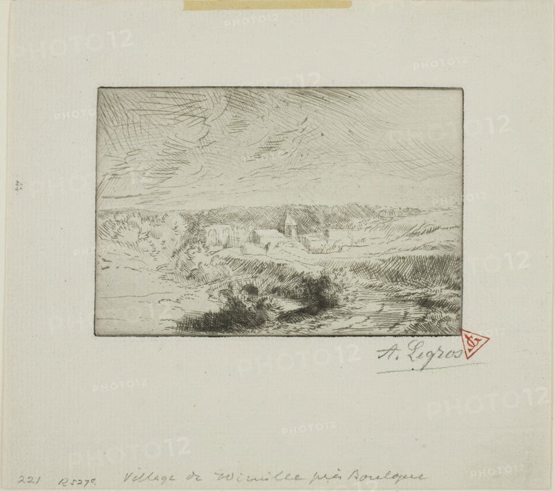 Village of Wimille, Near Boulogne, c. 1880, Alphonse Legros, French, 1837-1911, France, Etching and drypoint on light green laid paper, 80 × 118 mm (image/plate), 157 × 175 mm (sheet)