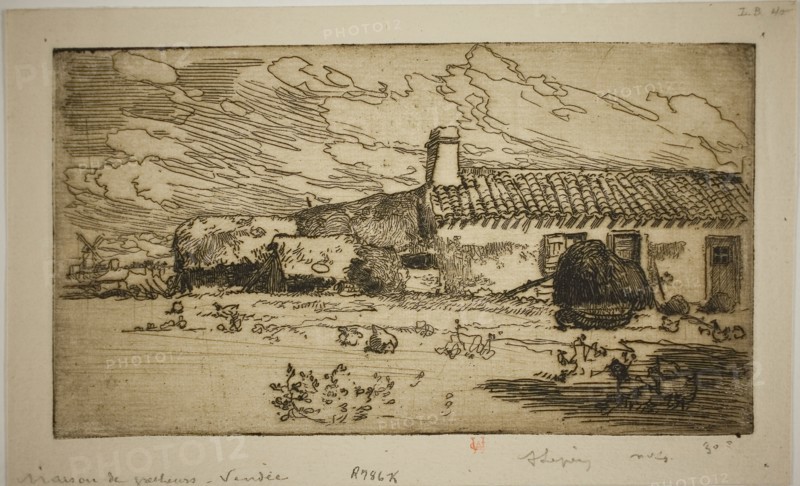 Fisher’s House, St. Jean-de-Mont, 1892, Louis Auguste Lepère, French, 1849-1918, France, Etching from a zinc plate on cream laid paper, 110 × 198 mm (image/plate), 137 × 223 mm (sheet)