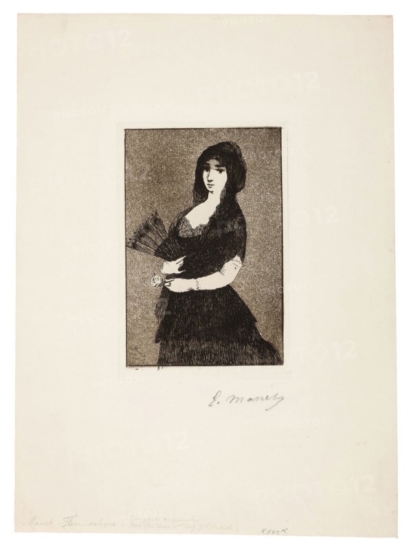 Exotic Flower (Woman in a Mantilla), 1868, Édouard Manet (French, 1832-1883), published by Philippe Burty (French, 1830-1890), written by Armand Renaud (French, 1836-1895), France, Etching and aquatint in warm black on ivory laid paper, 162 × 106 mm (image), 175 × 116 mm (plate), 353 × 257 mm (sheet)