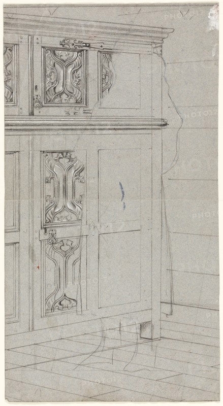 Sketch of a Cabinet, n.d., Henry Stacy Marks, English, 1829-1898, England, Black chalk heightened with white gouache on blue laid paper, 435 × 235 mm
