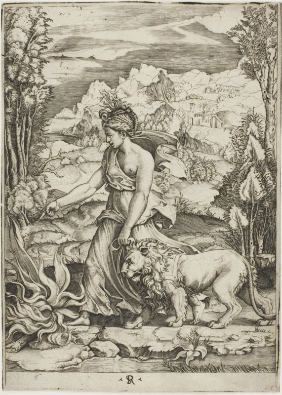 Courage, 1516/20, Marco Dente da Ravenna (Italian, c. 1486–1527), after Giulio Pippi, called Giulio Romano (Italian, c. 1499-1546), Italy, Engraving in black ink on paper, 261.5 x 187 mm