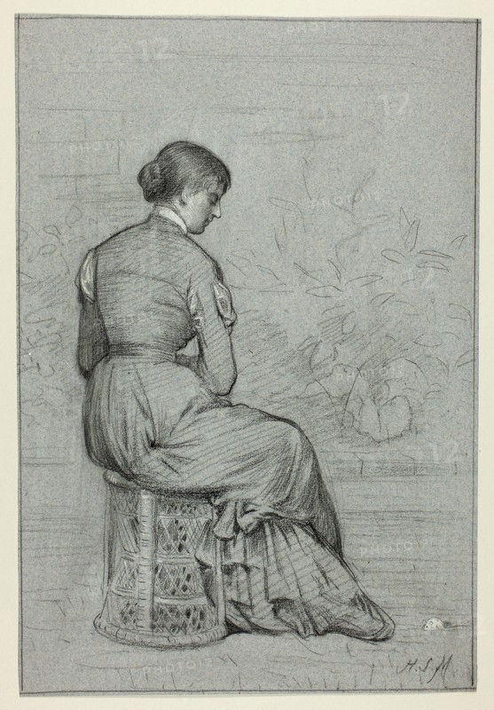Woman Seated on a Tabouret, n.d., Henry Stacy Marks, English, 1829-1898, England, Black pastel, heightened with white gouache, on blue laid paper, 342 × 234 mm