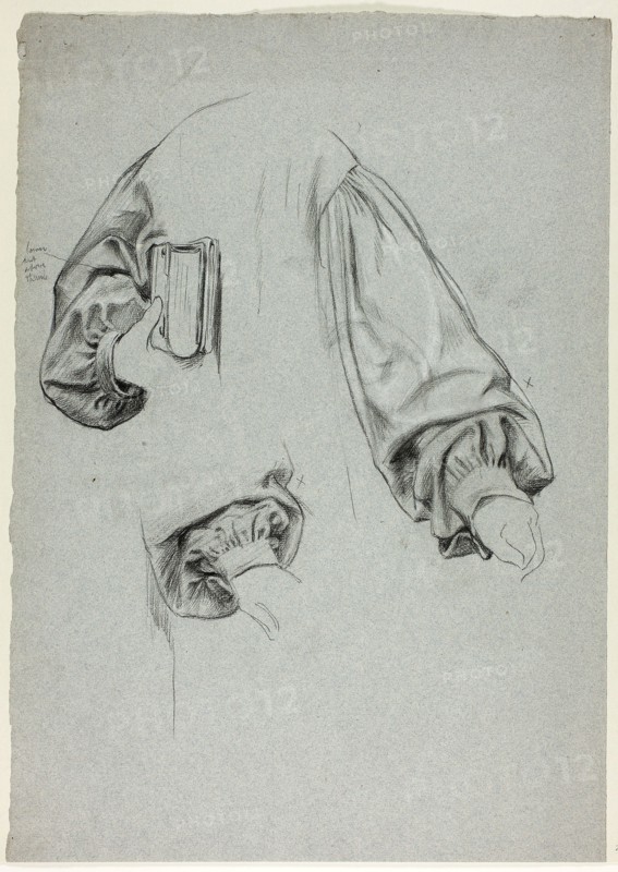Three Sketches of Sleeves, n.d., Henry Stacy Marks, English, 1829-1898, England, Black pastel, heightened with touches of white pastel, on blue laid paper, 439 × 309 mm